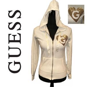 Guess Women’s Cream Velour Zip Front Gold Shimmer Heart Logo - Size‎ S